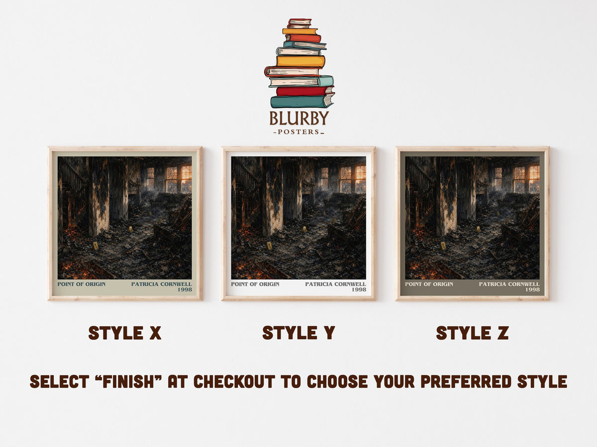 Point of Origin literary print in frame leaning in hallway – crime wall art (mockup)