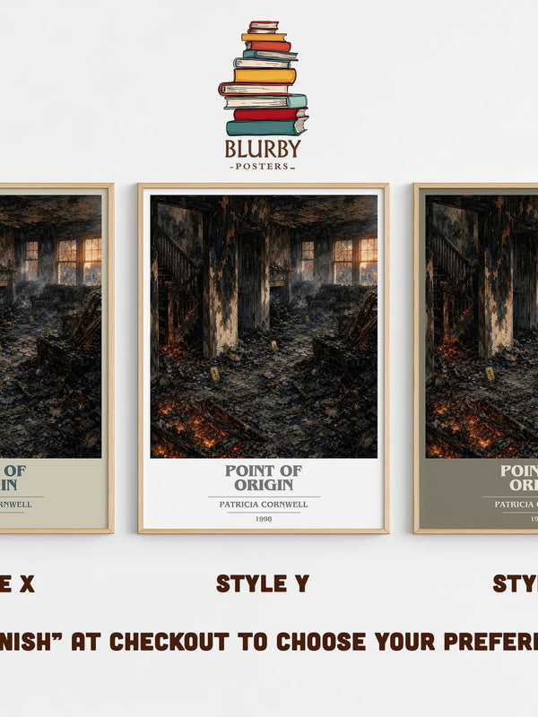 Point of Origin book cover print in frame leaning in hallway – crime wall art