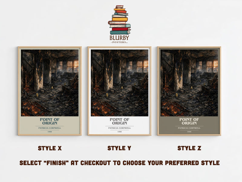 Point of Origin book cover print in frame leaning in hallway – crime wall art