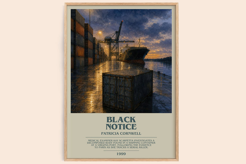 Black Notice bookish book poster by Patricia Cornwell – framed literary art print