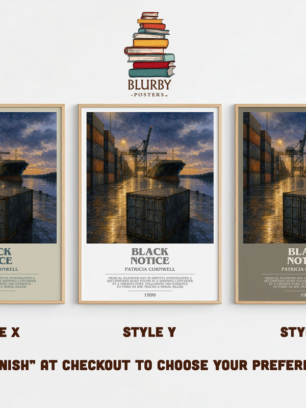 Black Notice bookish print in frame leaning in hallway – crime wall art