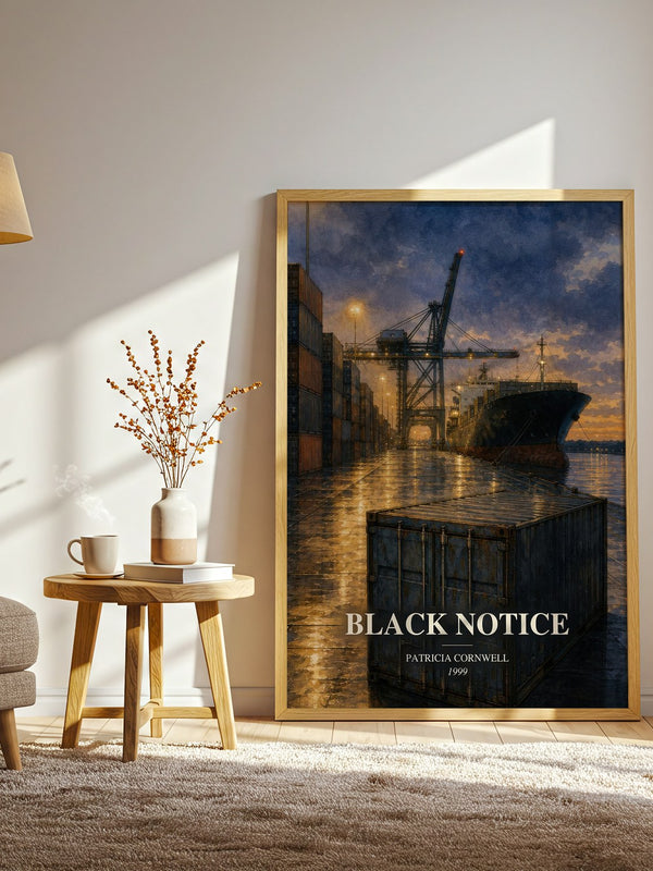 Black Notice watercolour print in frame leaning in hallway – crime wall art