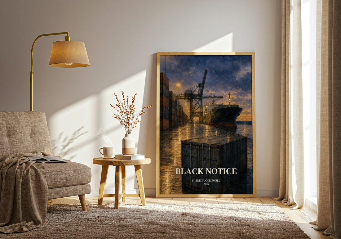 Black Notice watercolour print in frame leaning in hallway – crime wall art