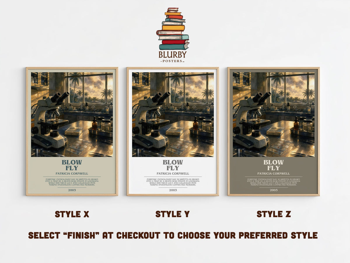 Blow Fly bookish print in frame leaning in hallway – crime wall art (mockup)