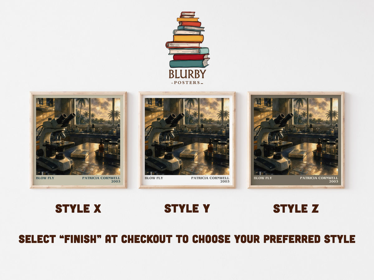 Blow Fly literary print in frame leaning in hallway – crime wall art (mockup)