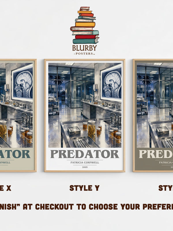 Predator book cover print in frame leaning in hallway – crime wall art