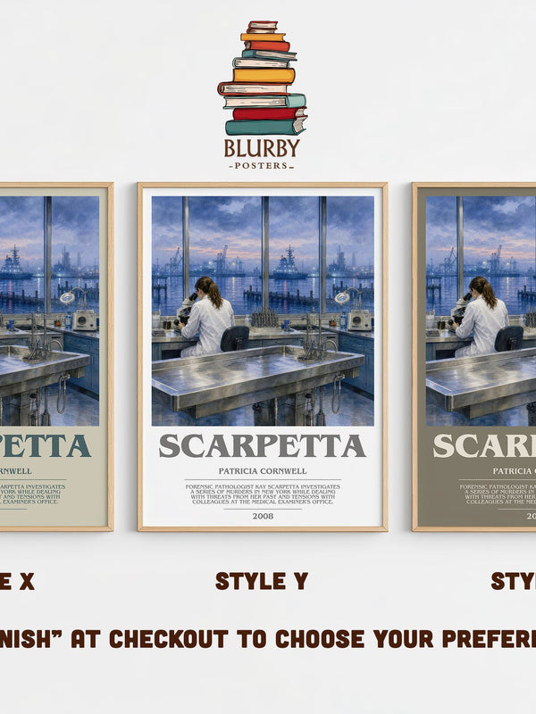 Scarpetta bookish print in frame leaning in hallway – crime wall art