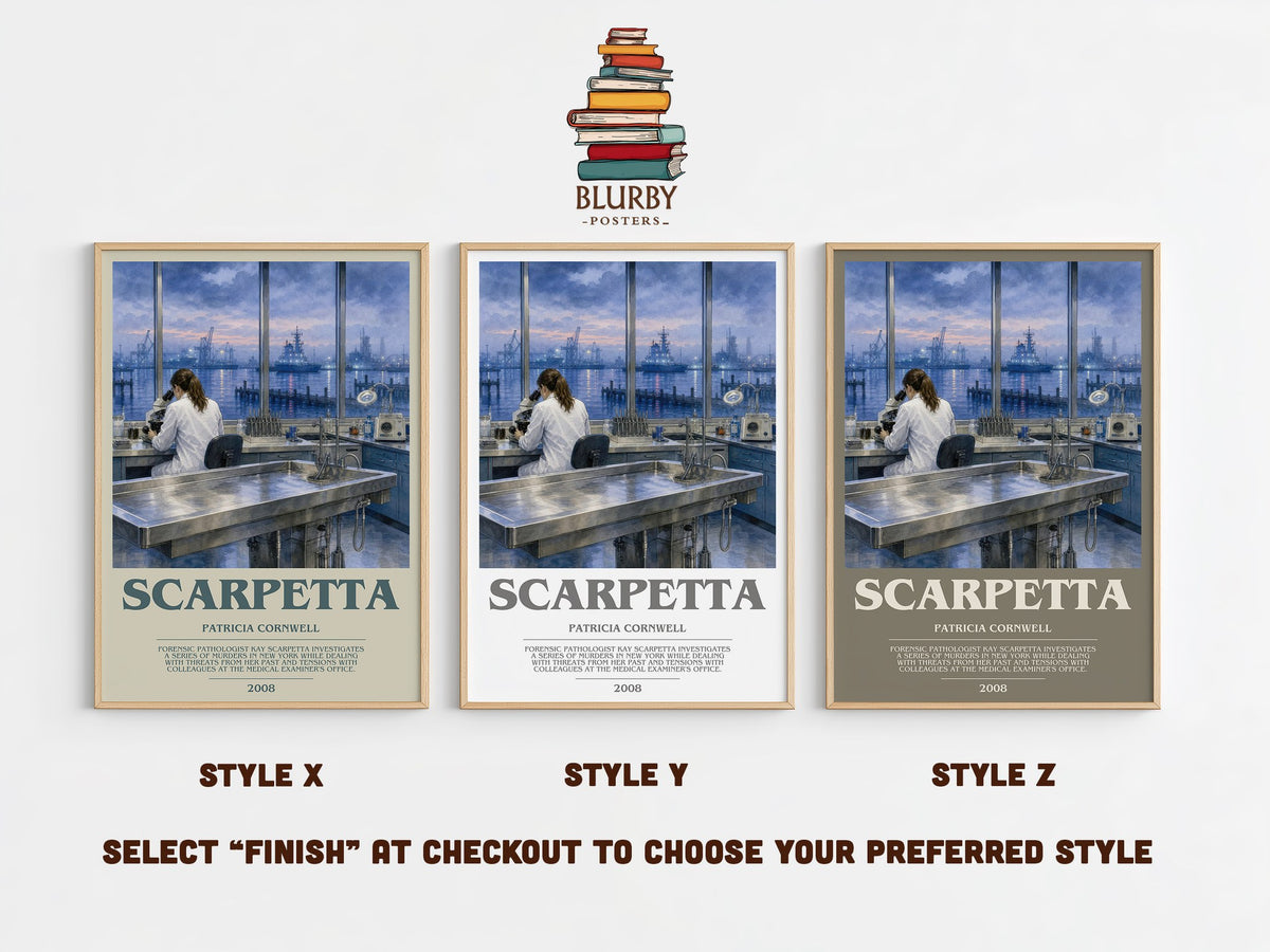 Scarpetta bookish print in frame leaning in hallway – crime wall art (mockup)