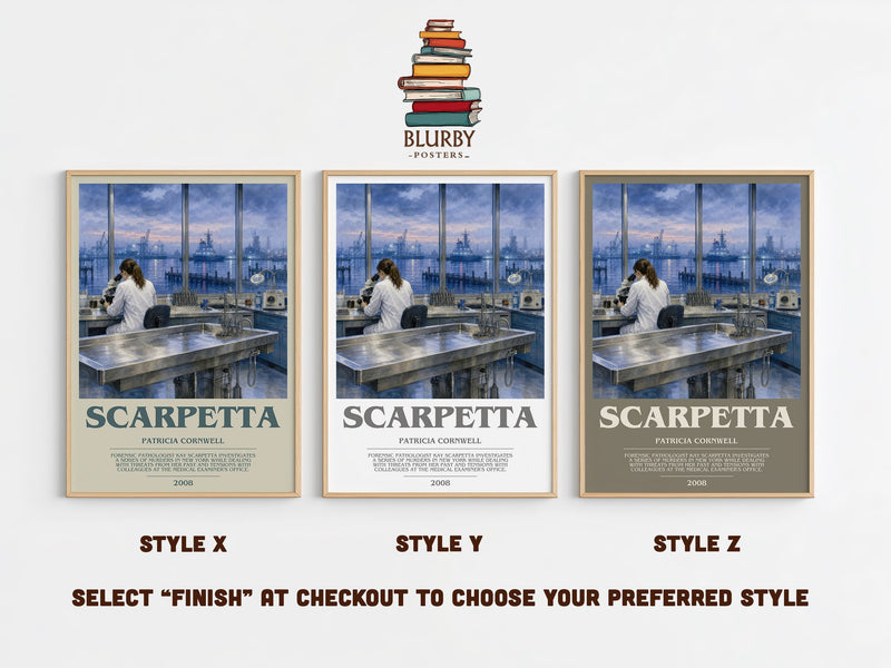 Scarpetta bookish print in frame leaning in hallway – crime wall art
