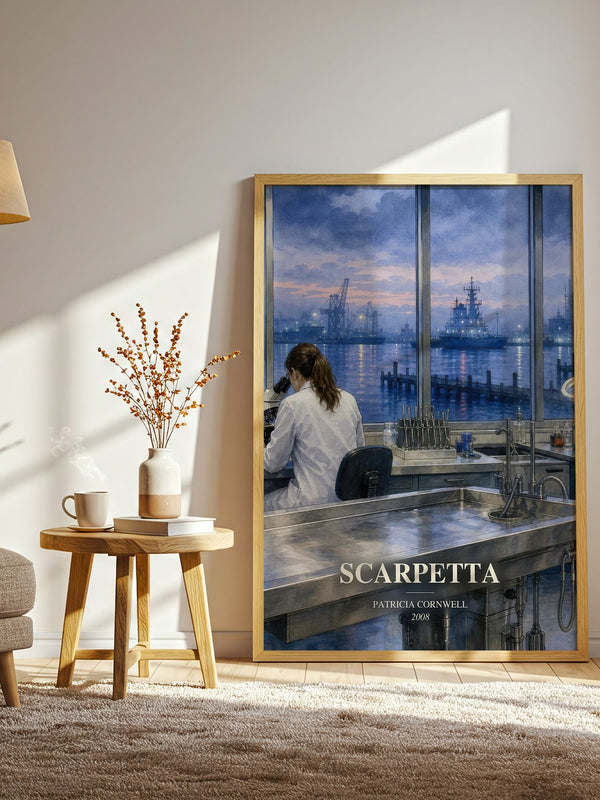 Scarpetta watercolour print in frame leaning in hallway – crime wall art