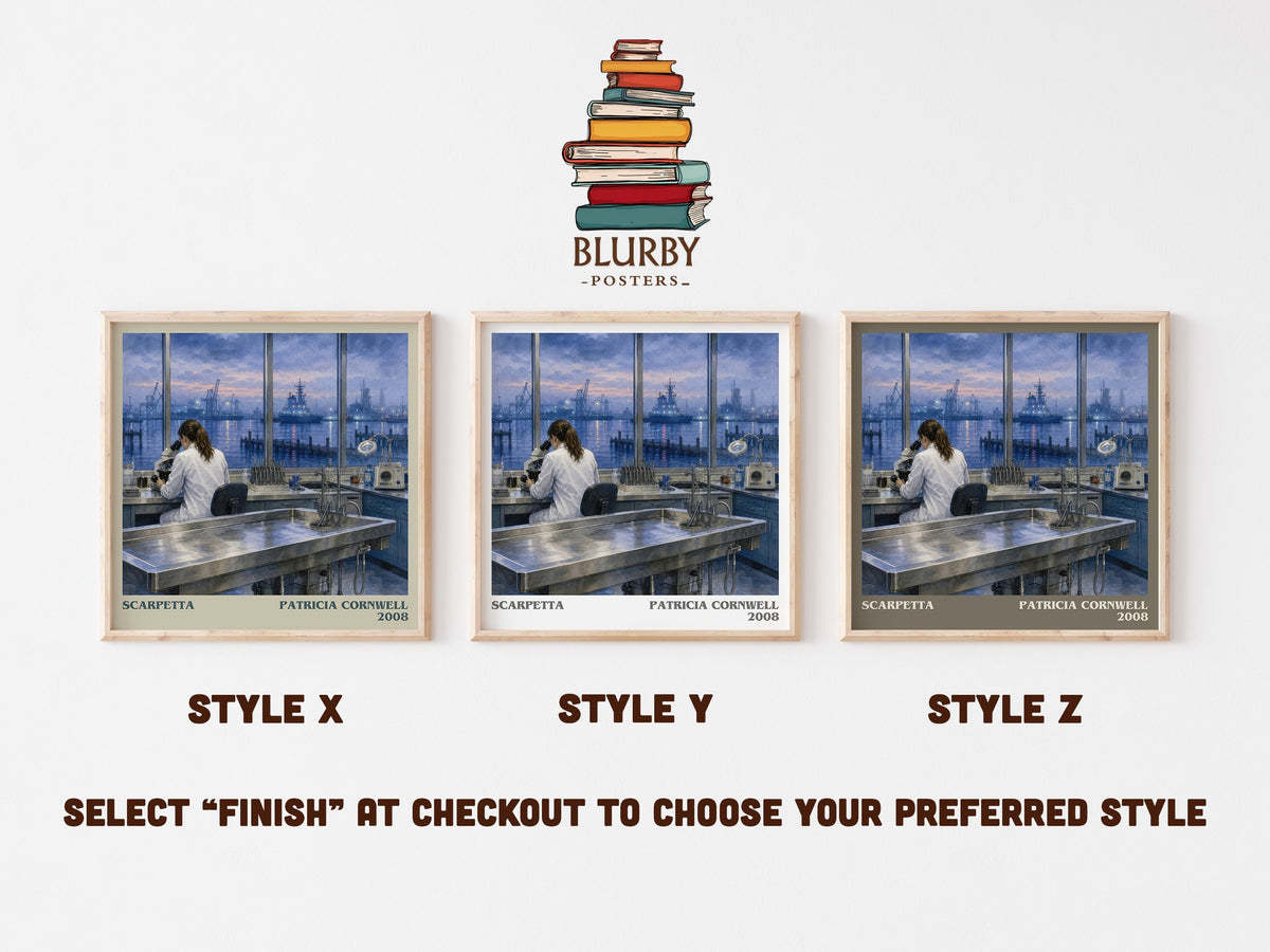 Scarpetta literary print in frame leaning in hallway – crime wall art (mockup)