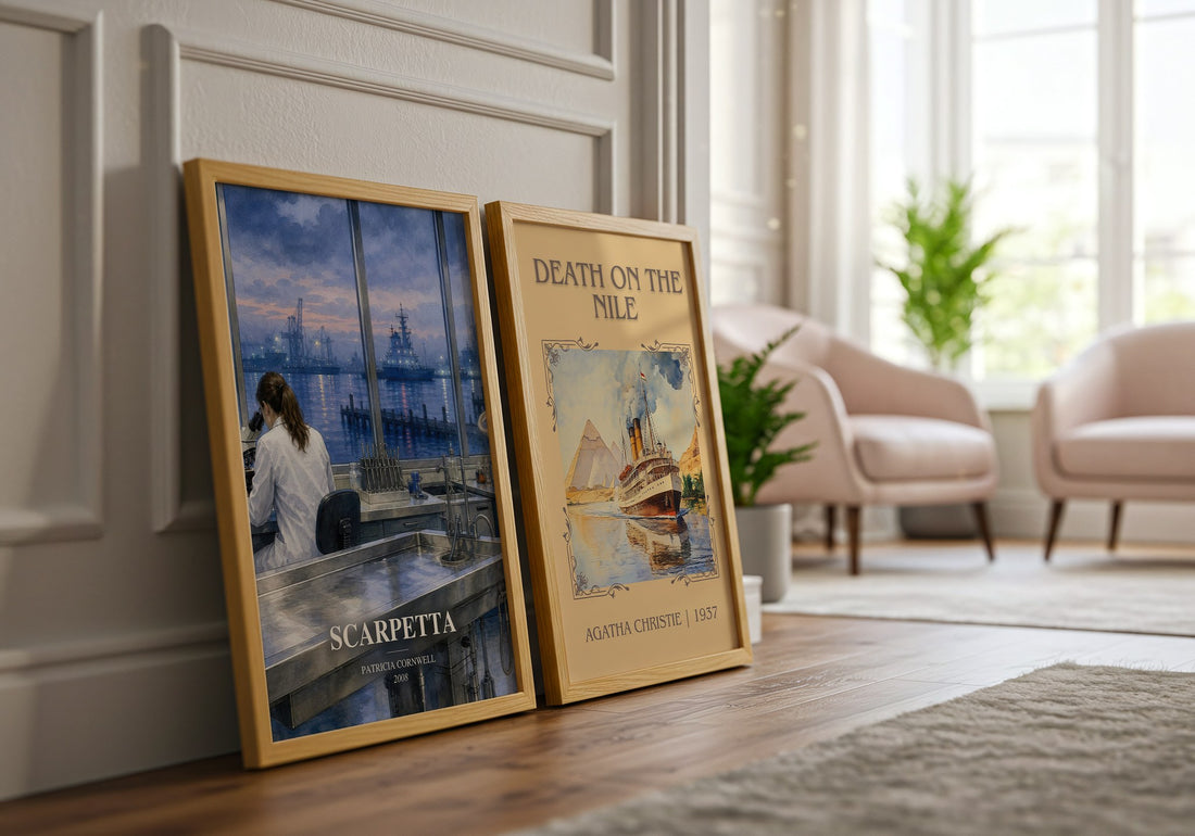 Scarpetta watercolour print framed by window – literary home decor