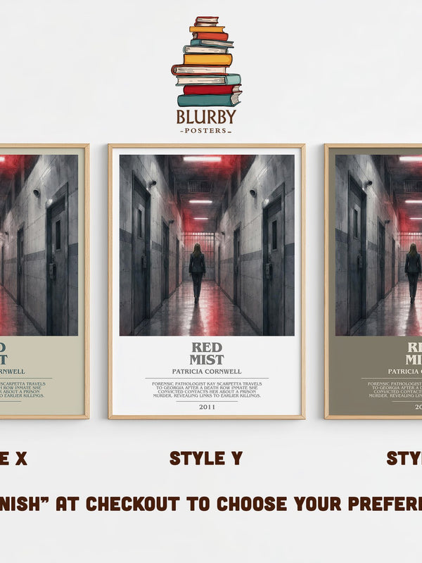 Red Mist bookish print in frame leaning in hallway – crime wall art