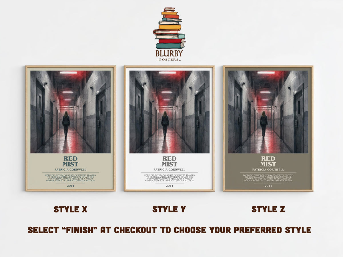 Red Mist bookish print in frame leaning in hallway – crime wall art (mockup)