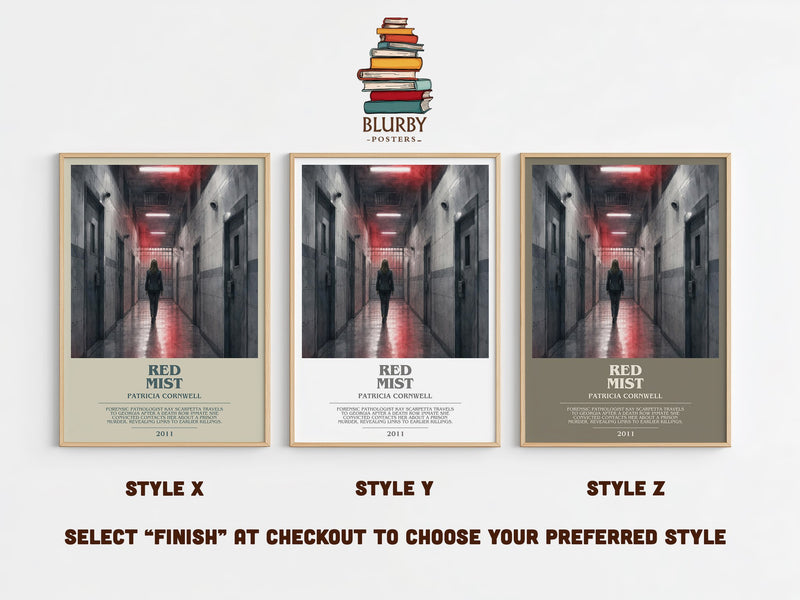 Red Mist bookish print in frame leaning in hallway – crime wall art