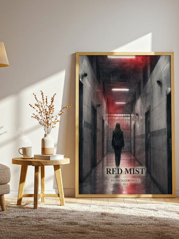 Red Mist watercolour print in frame leaning in hallway – crime wall art