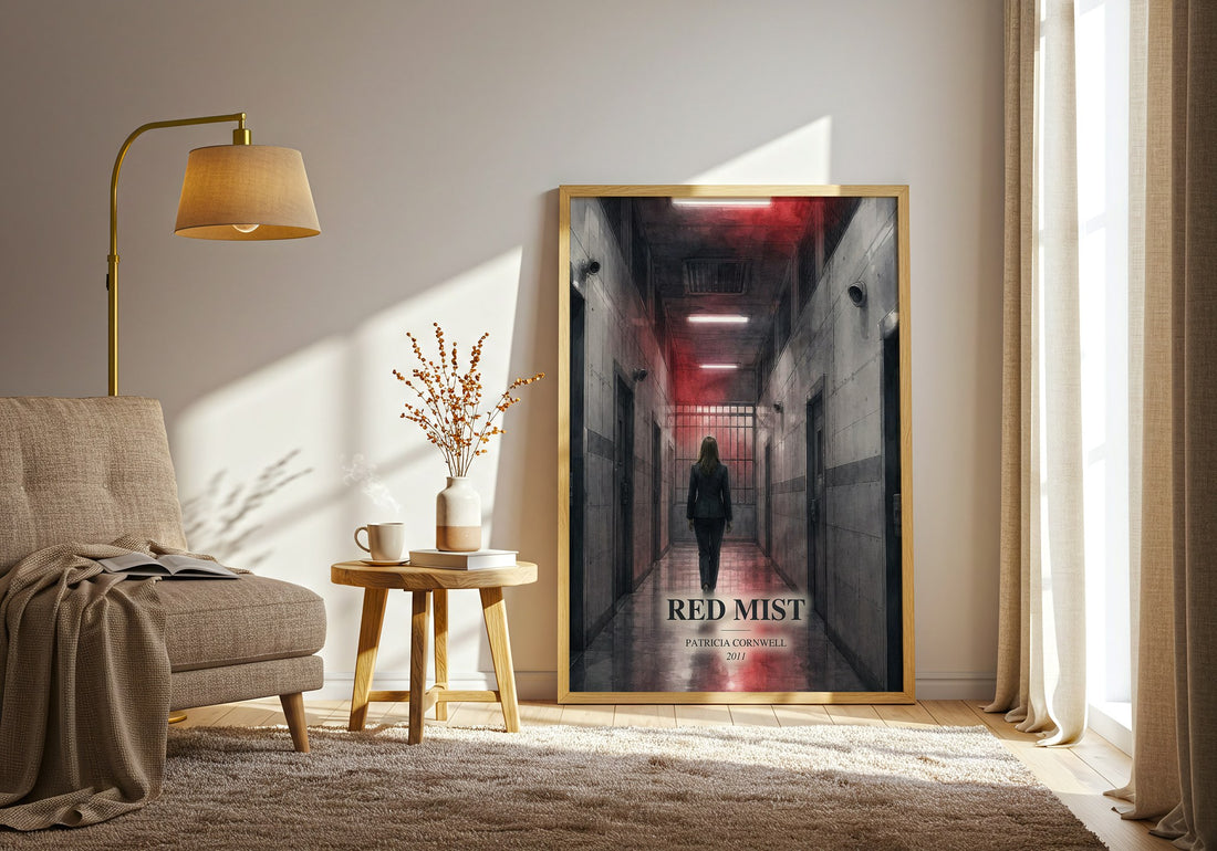 Red Mist watercolour print in frame leaning in hallway – crime wall art