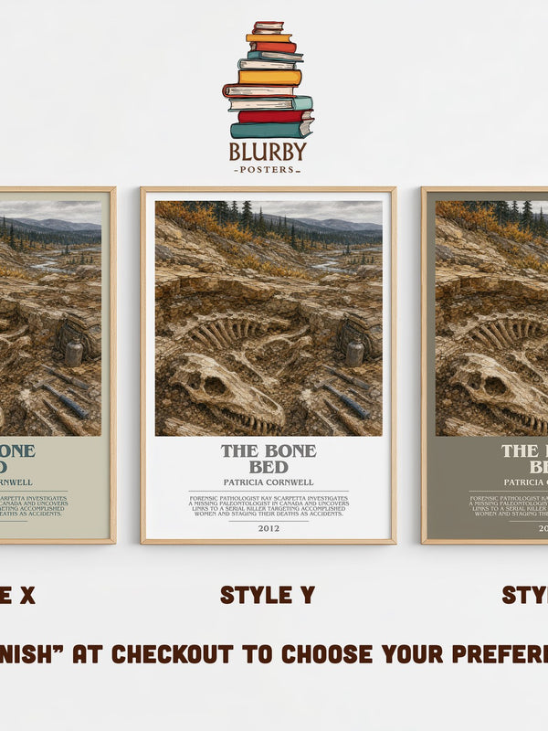 The Bone Bed bookish print in frame leaning in hallway – crime wall art
