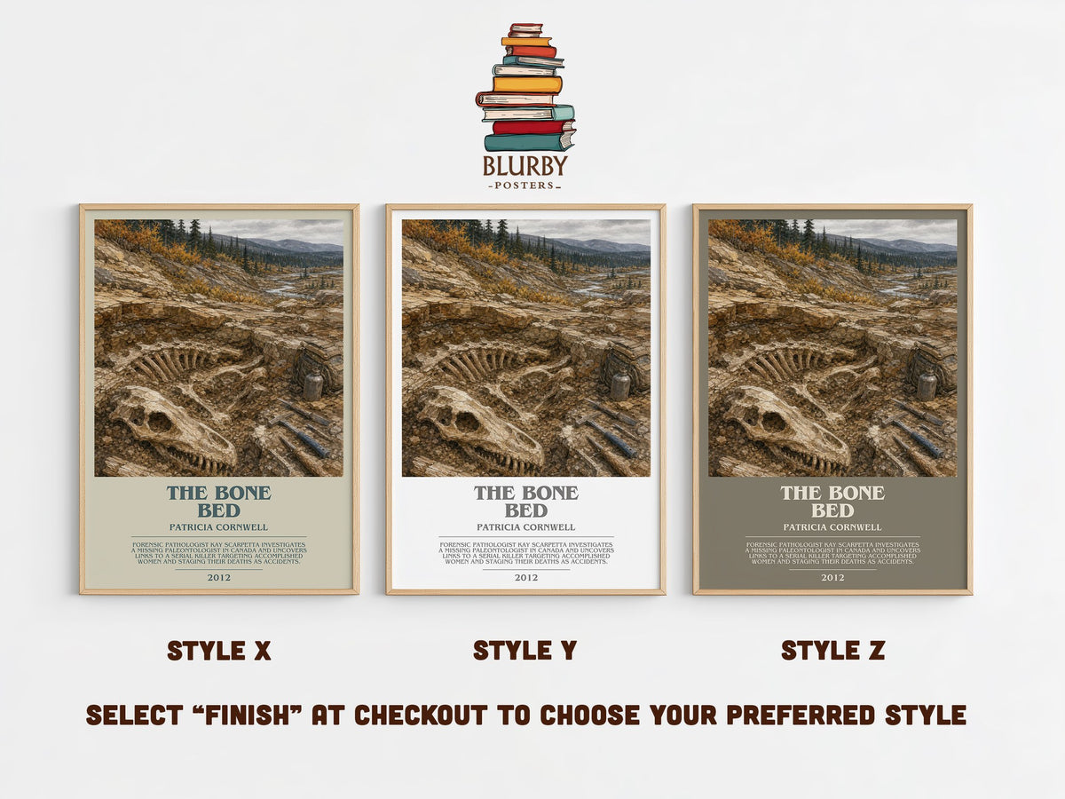 The Bone Bed bookish print in frame leaning in hallway – crime wall art (mockup)