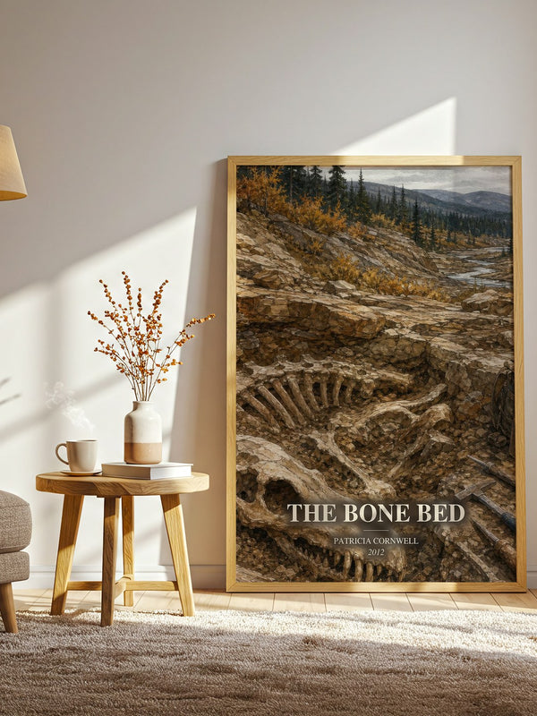 The Bone Bed watercolour print in frame leaning in hallway – crime wall art
