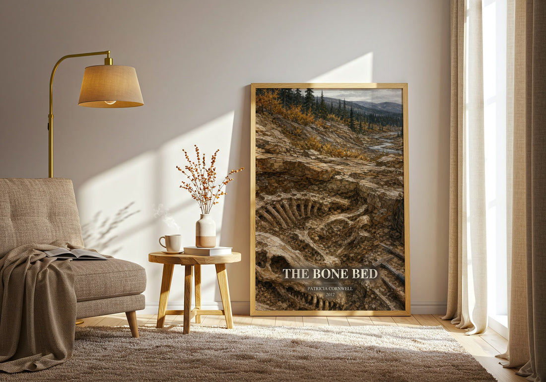 The Bone Bed watercolour print in frame leaning in hallway – crime wall art
