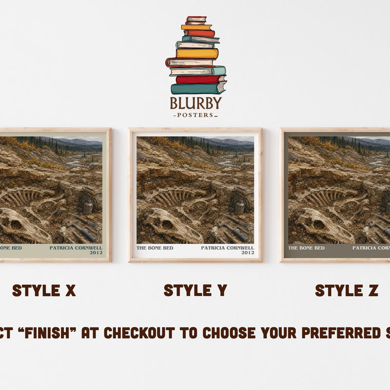 The Bone Bed literary print in frame leaning in hallway – crime wall art