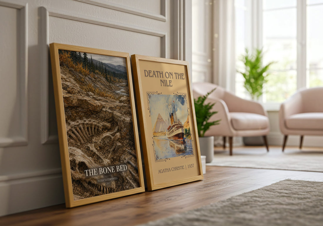 The Bone Bed watercolour print framed by window – literary home decor