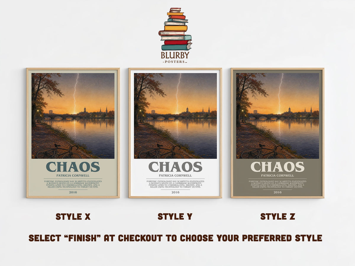Chaos bookish print in frame leaning in hallway – crime wall art (mockup)
