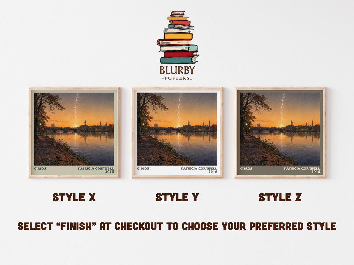 Chaos literary print in frame leaning in hallway – crime wall art (mockup)