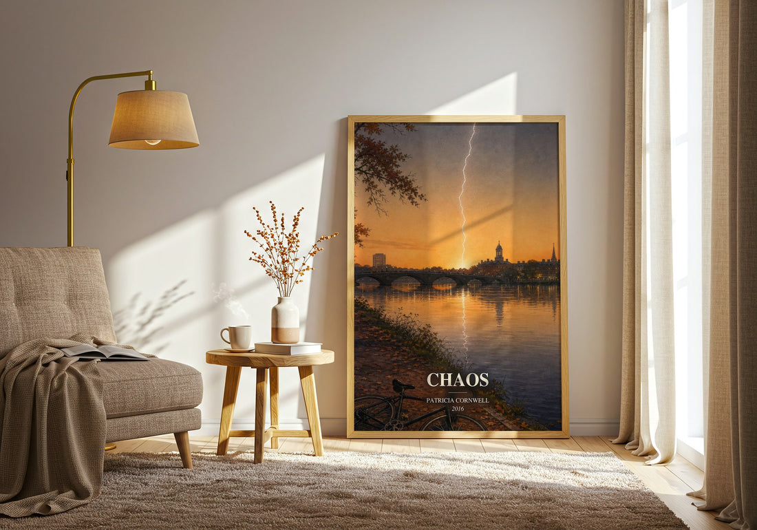 Chaos watercolour print in frame leaning in hallway – crime wall art