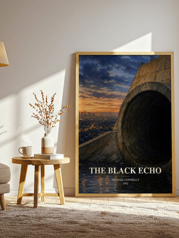 The Black Echo watercolour print in frame leaning in hallway – crime wall art