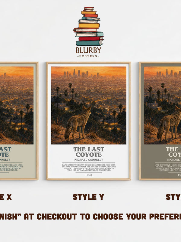 The Last Coyote bookish print in frame leaning in hallway – crime wall art