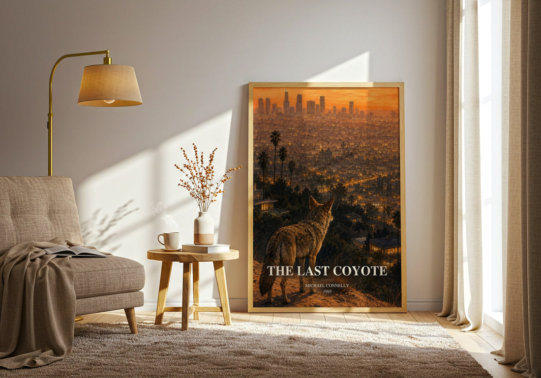 The Last Coyote watercolour print in frame leaning in hallway – crime wall art (mockup)