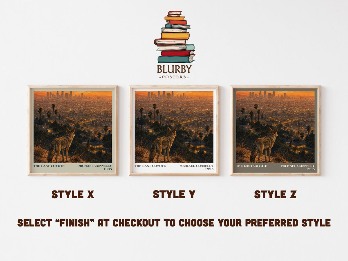 The Last Coyote literary print in frame leaning in hallway – crime wall art (mockup)