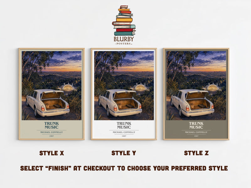 Trunk Music book cover print in frame leaning in hallway – crime wall art