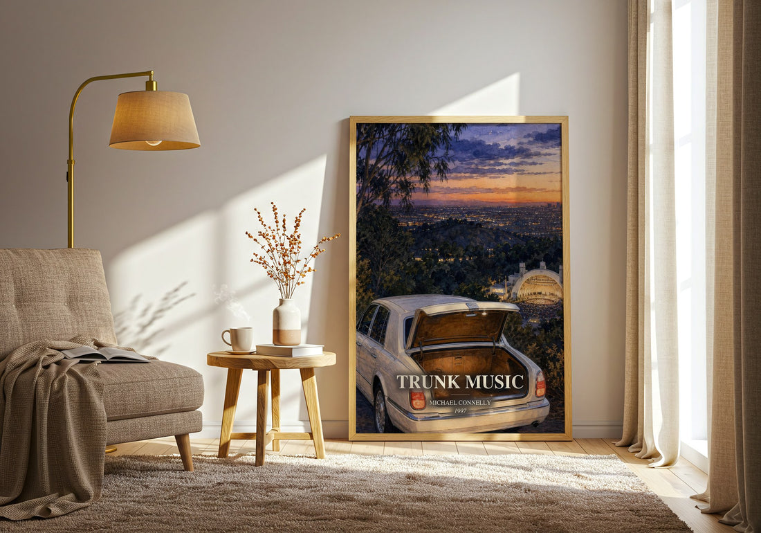 Trunk Music watercolour print in frame leaning in hallway – crime wall art (mockup)