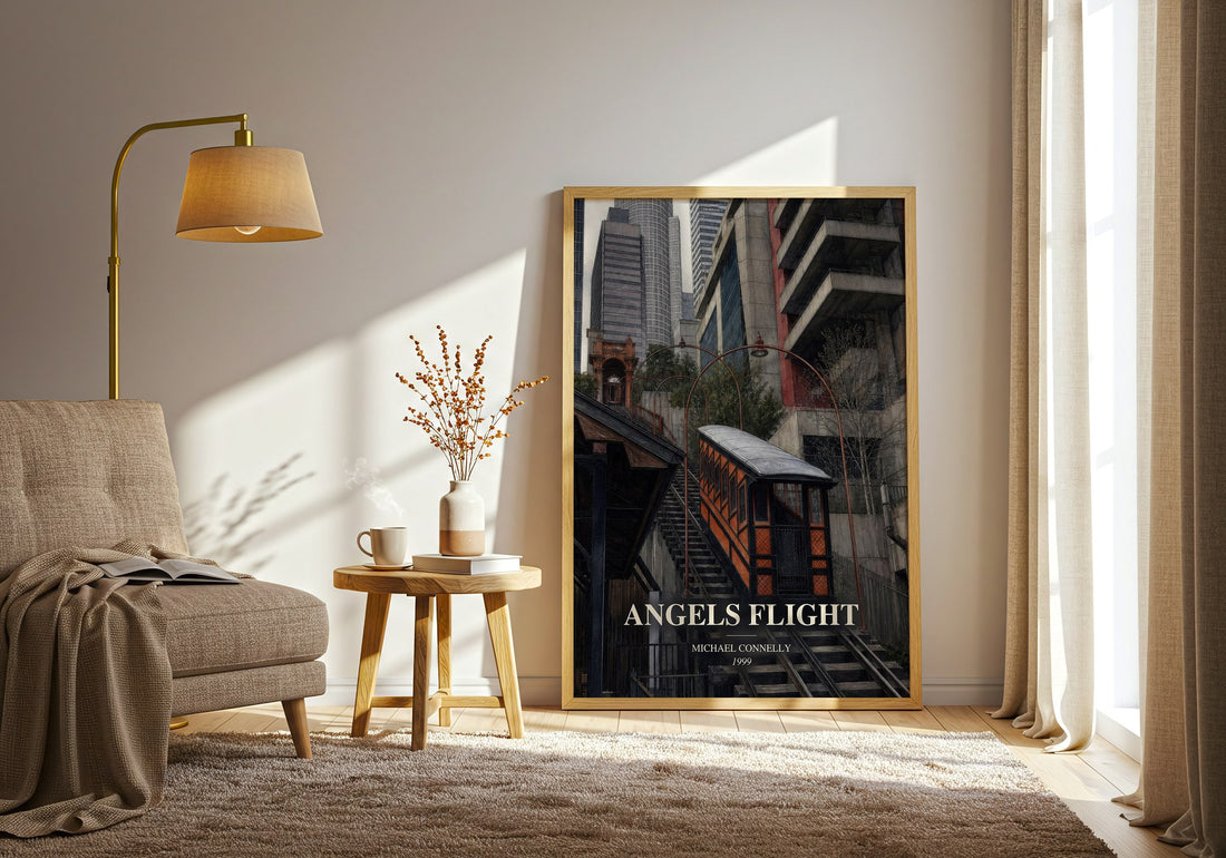 Angels Flight watercolour print in frame leaning in hallway – crime wall art (mockup)