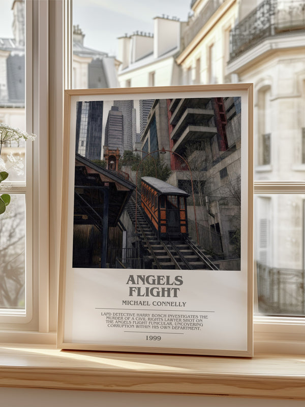 Angels Flight Bookish Wall Art by Michael Connelly – framed print by a bright window