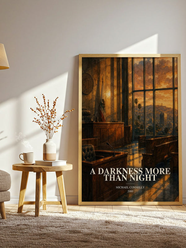 A Darkness More Than Night watercolour print in frame leaning in hallway – crime wall art