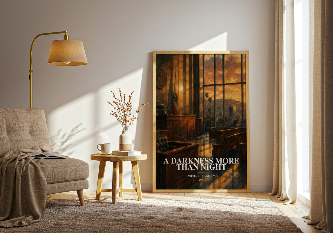 A Darkness More Than Night watercolour print in frame leaning in hallway – crime wall art (mockup)