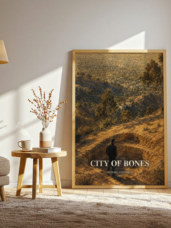 City of Bones watercolour print in frame leaning in hallway – crime wall art