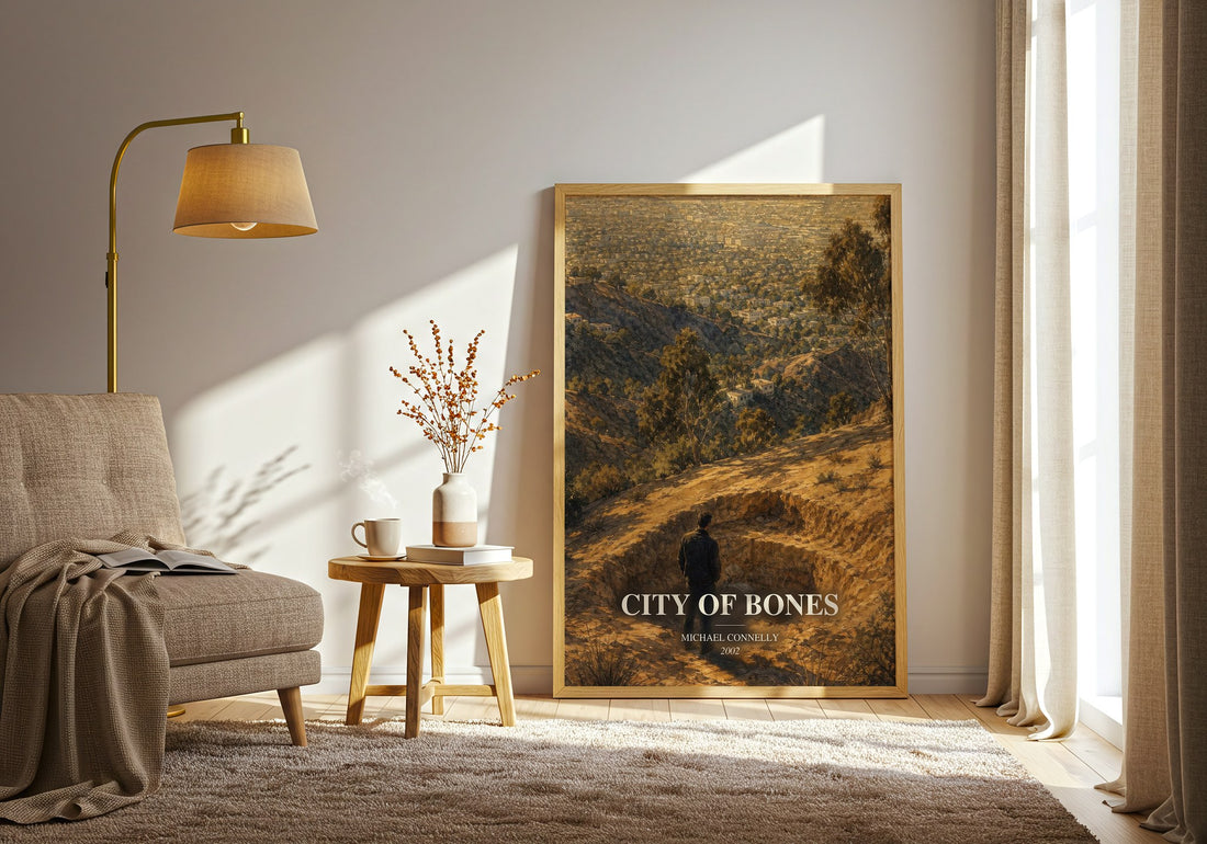City of Bones watercolour print in frame leaning in hallway – crime wall art (mockup)