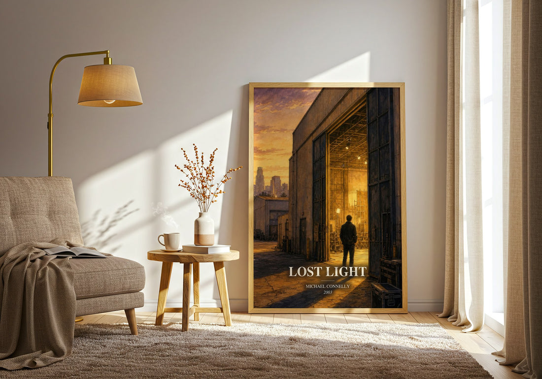 Lost Light watercolour print in frame leaning in hallway – crime wall art (mockup)