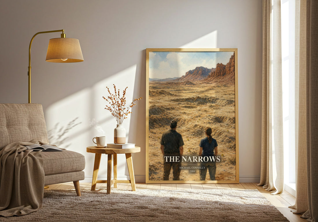 The Narrows watercolour print in frame leaning in hallway – crime wall art (mockup)