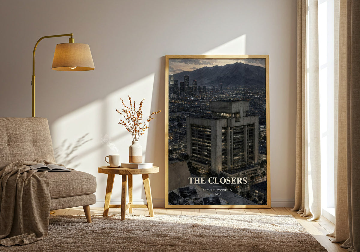 The Closers watercolour print in frame leaning in hallway – crime wall art (mockup)