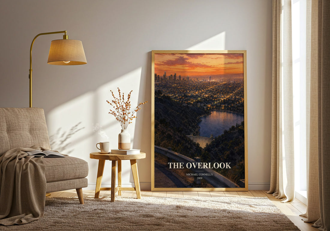 The Overlook watercolour print in frame leaning in hallway – crime wall art (mockup)