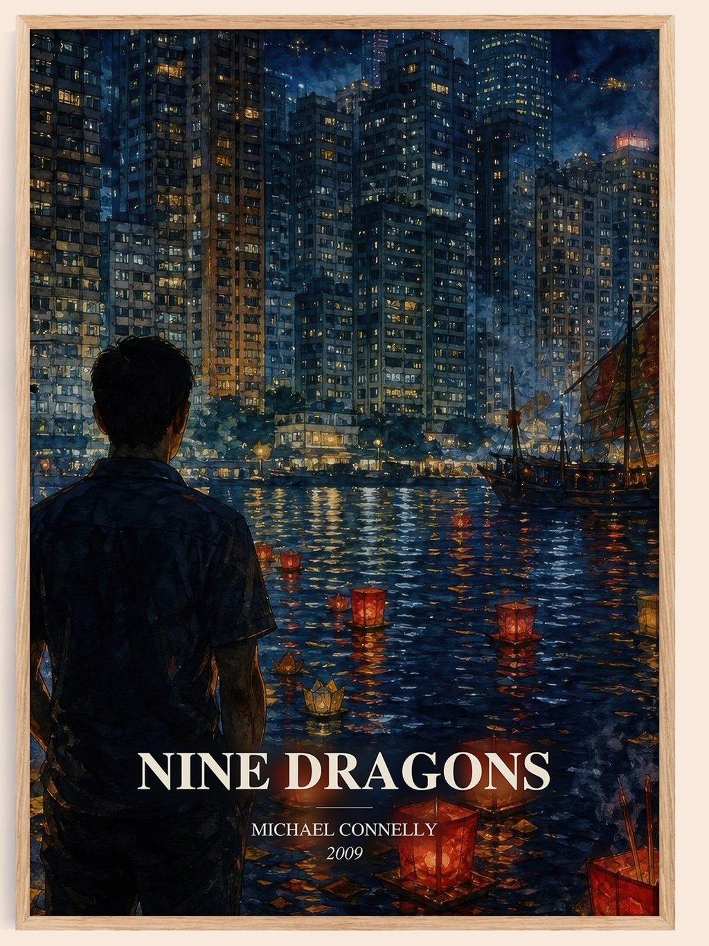 Nine Dragons watercolour book poster by Michael Connelly – framed literary art print