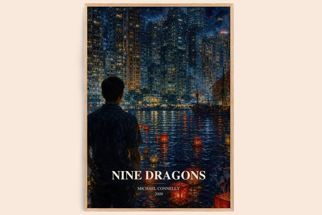 Nine Dragons watercolour book poster by Michael Connelly – framed literary art print