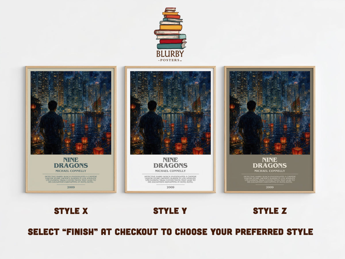 Nine Dragons bookish print in frame leaning in hallway – crime wall art (mockup)
