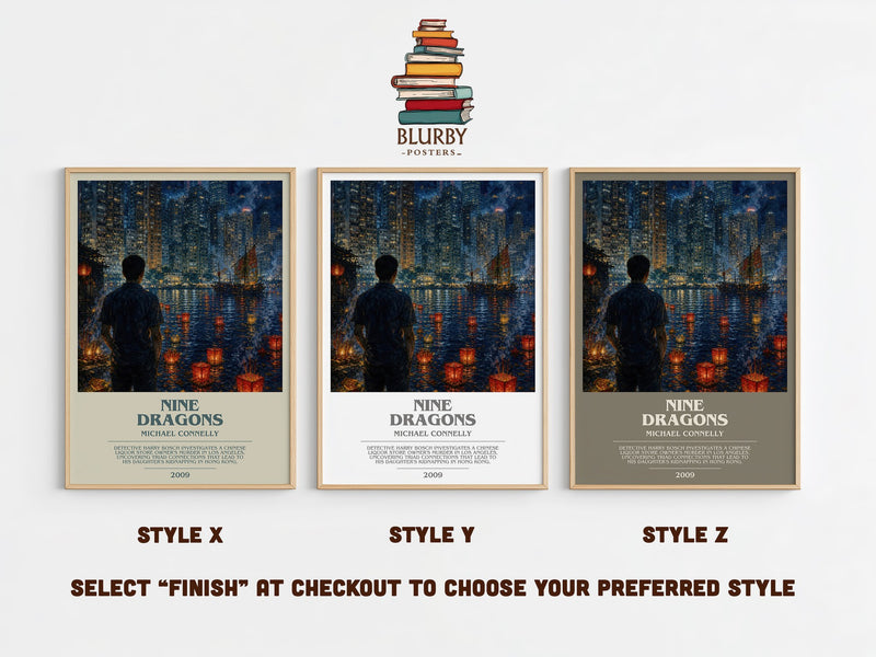 Nine Dragons bookish print in frame leaning in hallway – crime wall art